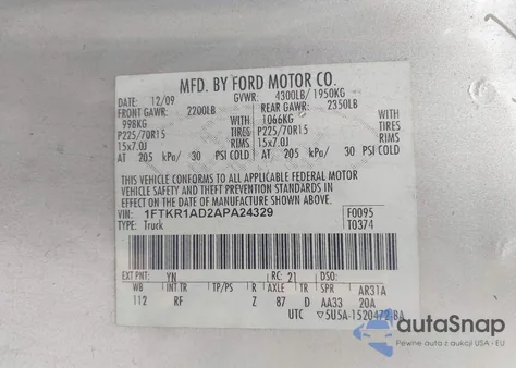 2010 Ford Ranger Xl/Xlt из США, поврежденный, VIN 1FTKR1AD2APA24329